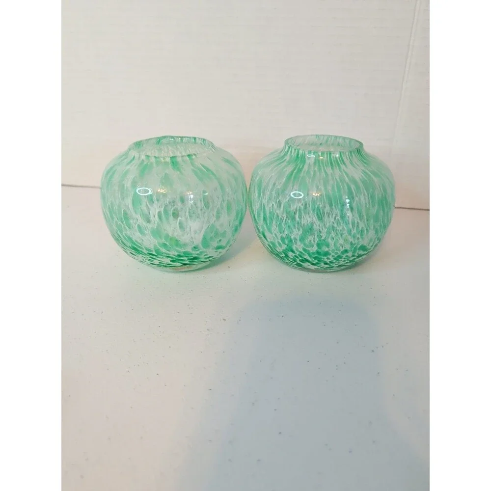 VTG Murano Arte Glass Hand Blown Green Swirl Vases Set Of 2